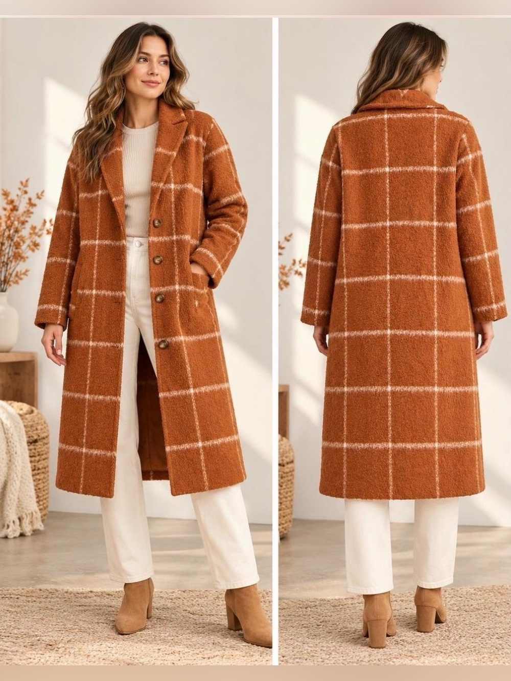 Old Navy Relaxed Plaid Soft-Brushed Overcoat - rust/burnt orange - size XS